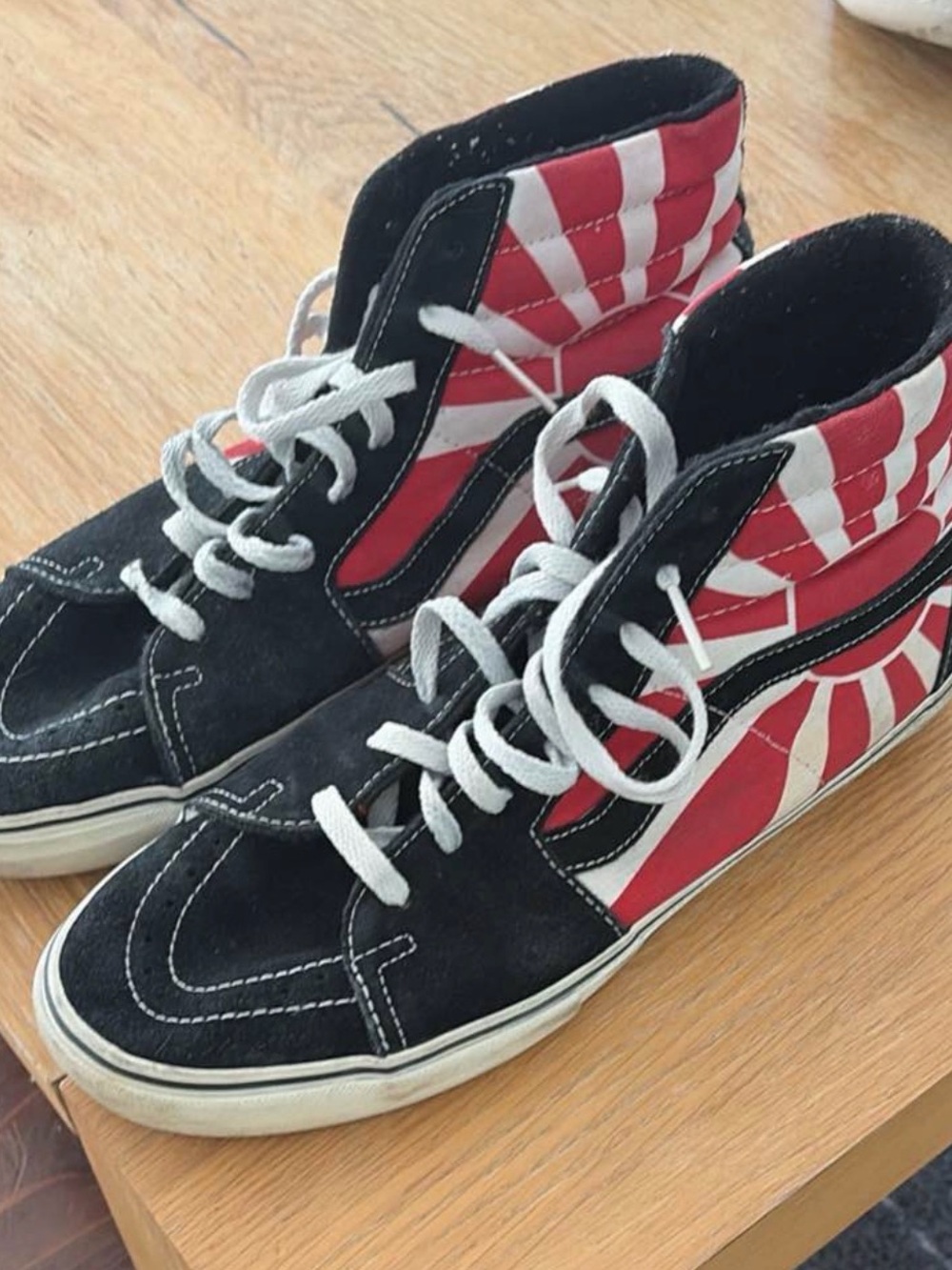 Vans High-Top Sneakers in Black and Red with rising sun Accent